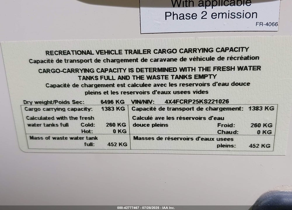 2019 FOREST RIVER CEDAR CREEK VIN: 4X4FCRP25KS221026