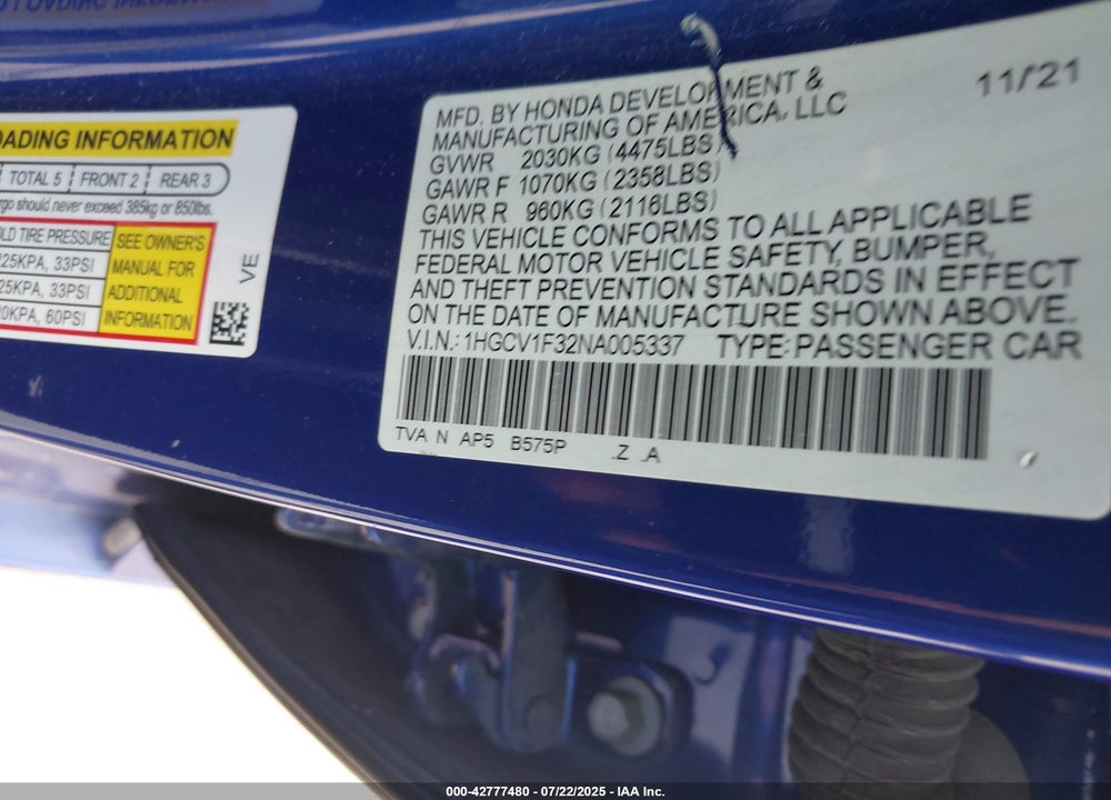 2022 HONDA ACCORD VIN: 1HGCV1F32NA005337