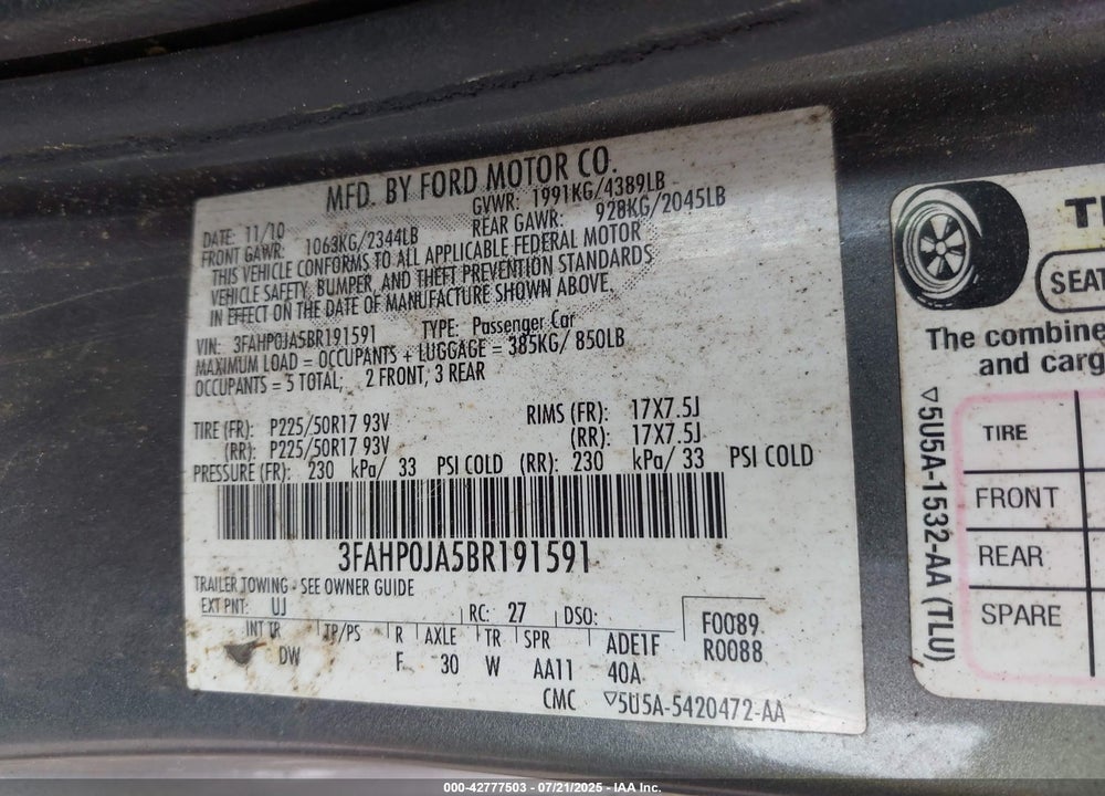 2011 FORD FUSION VIN: 3FAHP0JA5BR191591