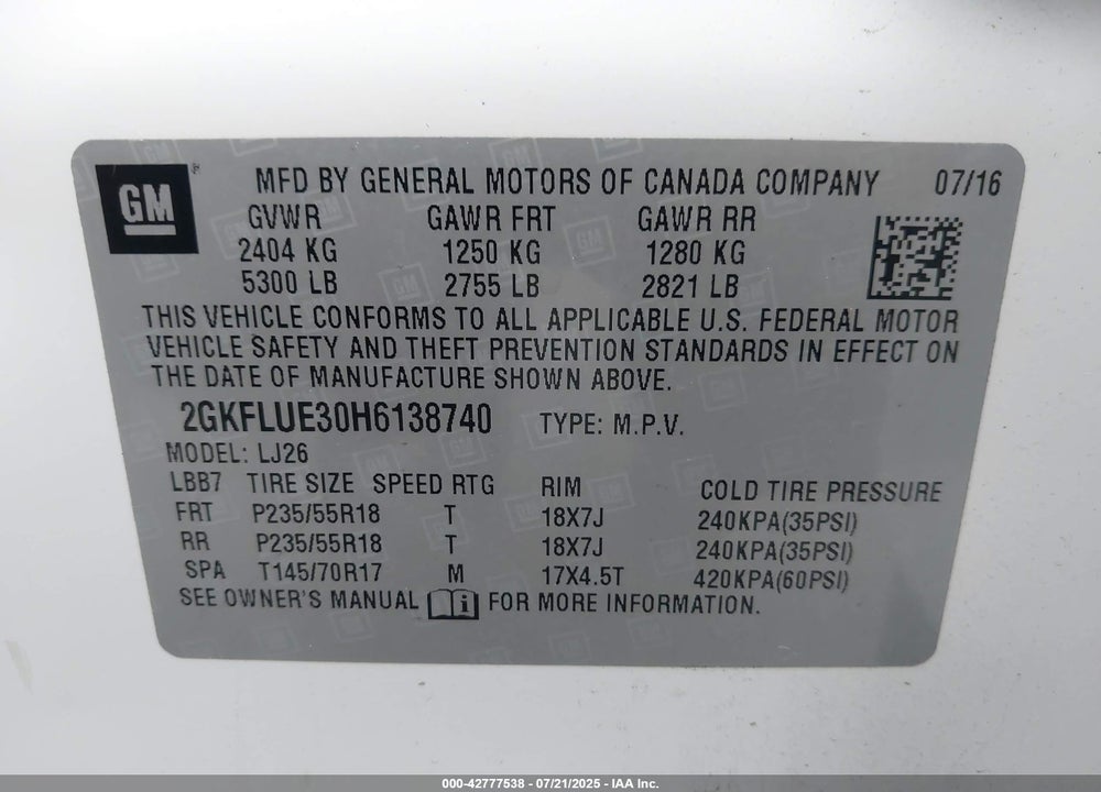 2017 GMC TERRAIN VIN: 2GKFLUE30H6138740