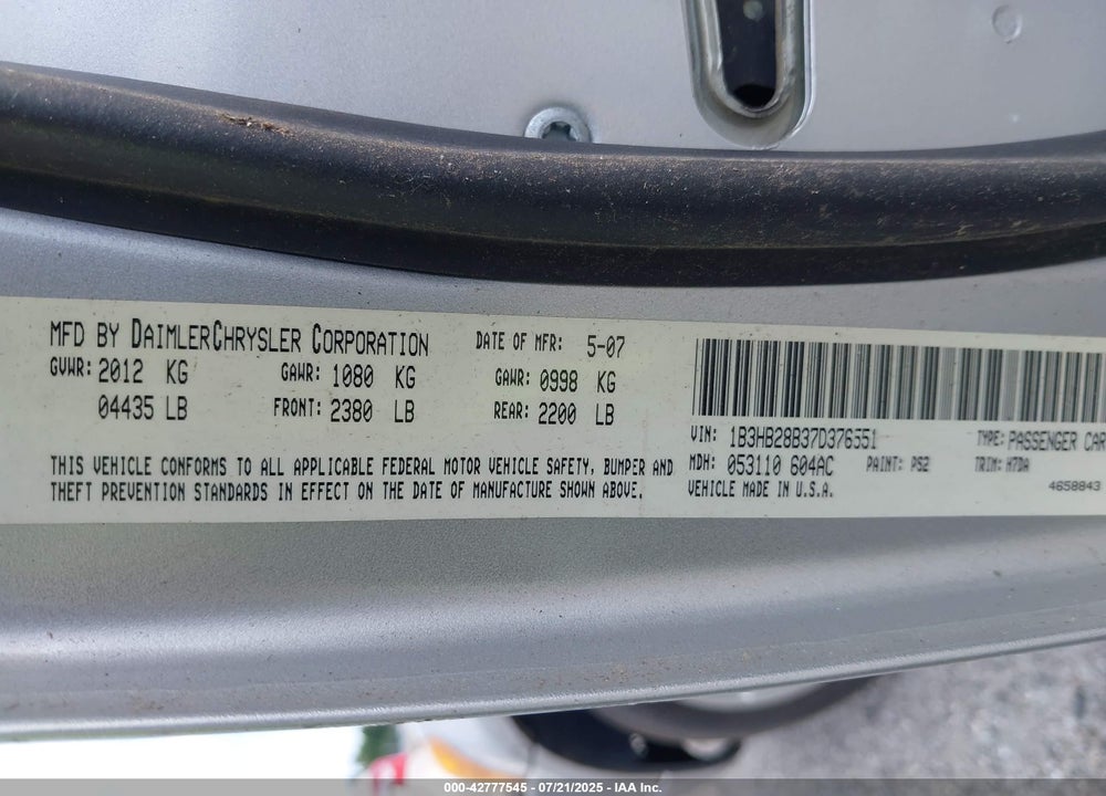 2007 DODGE CALIBER VIN: 1B3HB28B37D376551