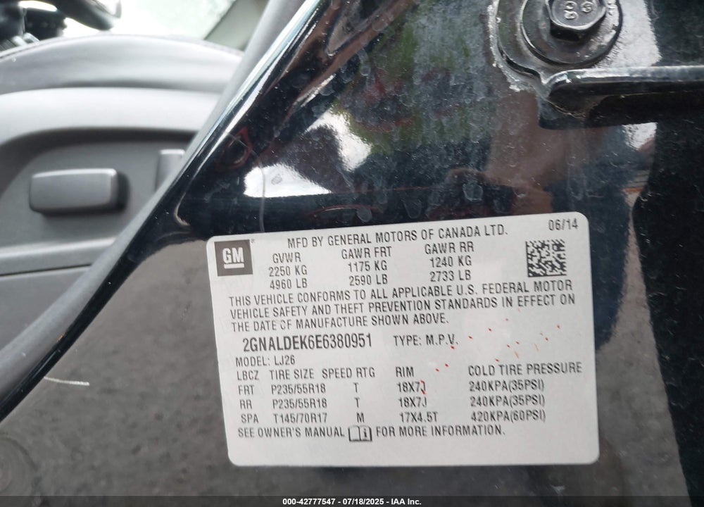 2014 CHEVROLET EQUINOX LTZ VIN: 2GNALDEK6E6380951
