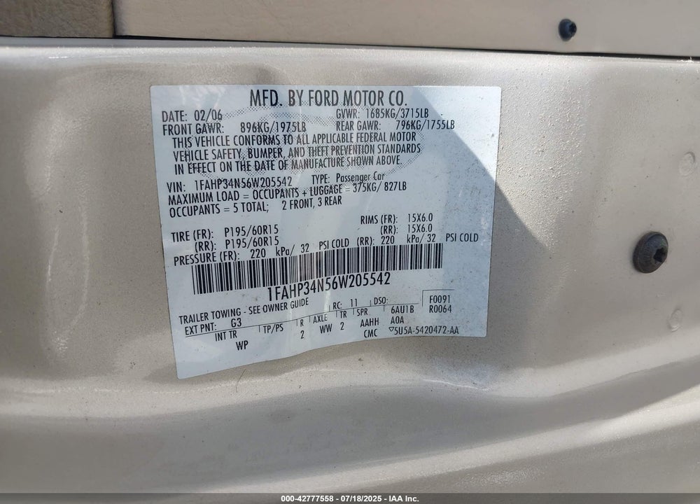 2006 FORD FOCUS VIN: 1FAHP34N56W205542