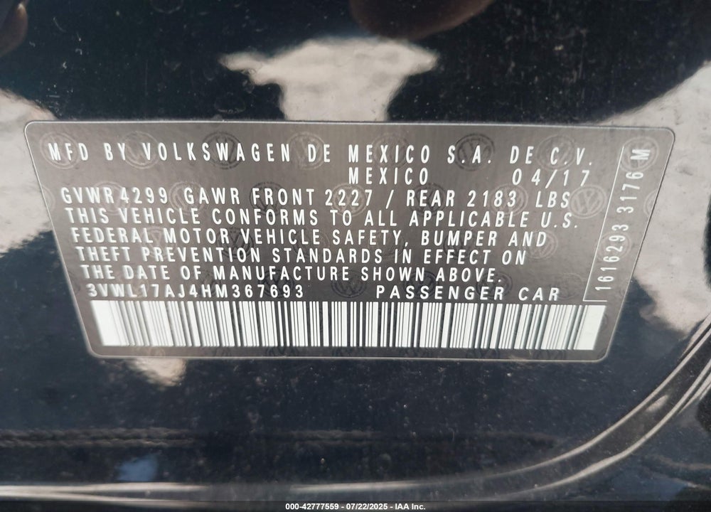 2017 VOLKSWAGEN JETTA 1.8T SEL/1.8T SEL PREMIUM VIN: 3VWL17AJ4HM367693