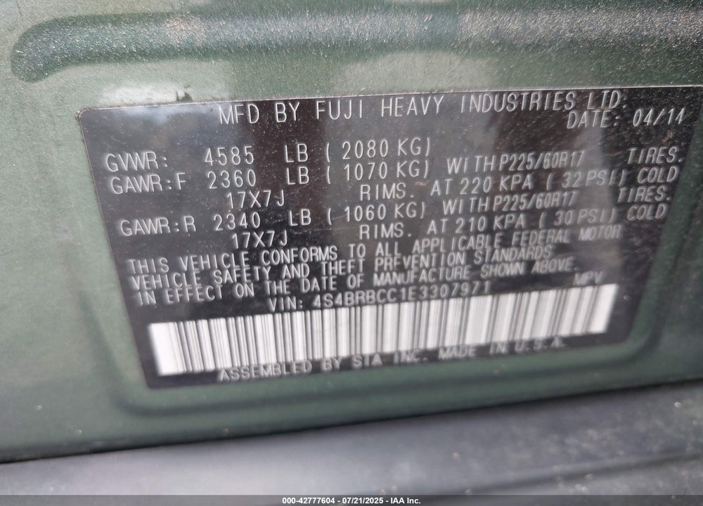 2014 SUBARU OUTBACK VIN: 4S4BRBCC1E3307971