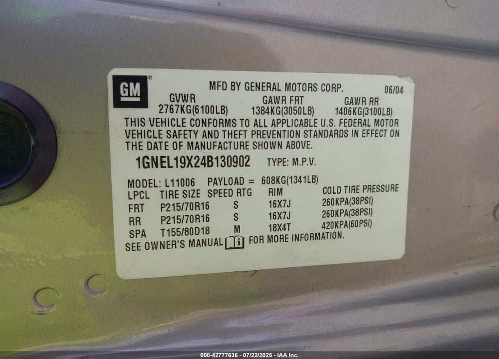 2004 CHEVROLET ASTRO VIN: 1GNEL19X24B130902