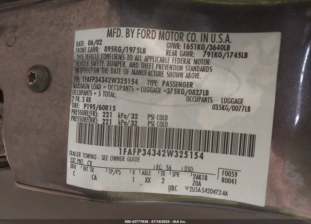 2002 FORD FOCUS SE VIN: 1FAFP34342W325154
