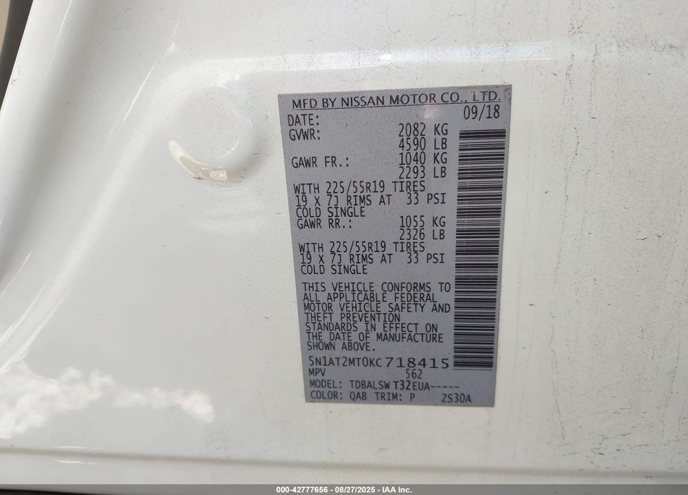 2019 NISSAN ROGUE VIN: 5N1AT2MT0KC718415