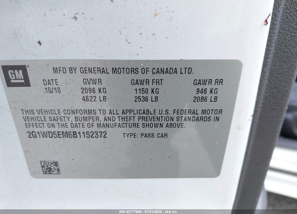 2011 CHEVROLET IMPALA VIN: 2G1WD5EM6B1152372