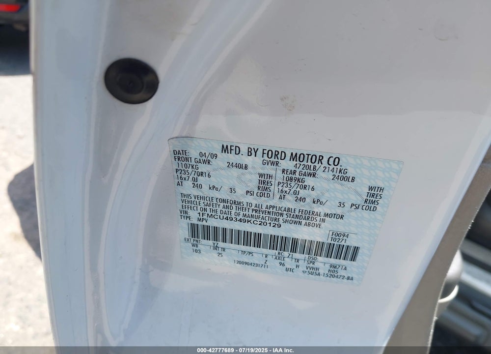 2009 FORD ESCAPE HYBRID VIN: 1FMCU49349KC20129