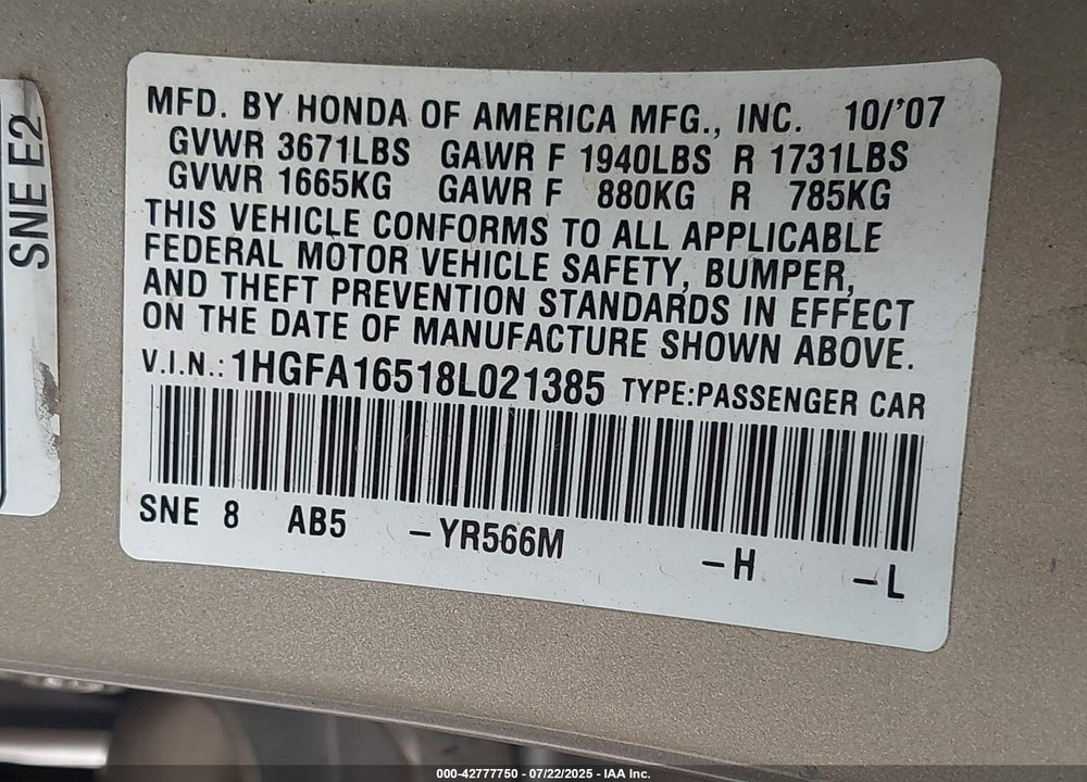2008 HONDA CIVIC LX VIN: 1HGFA16518L021385