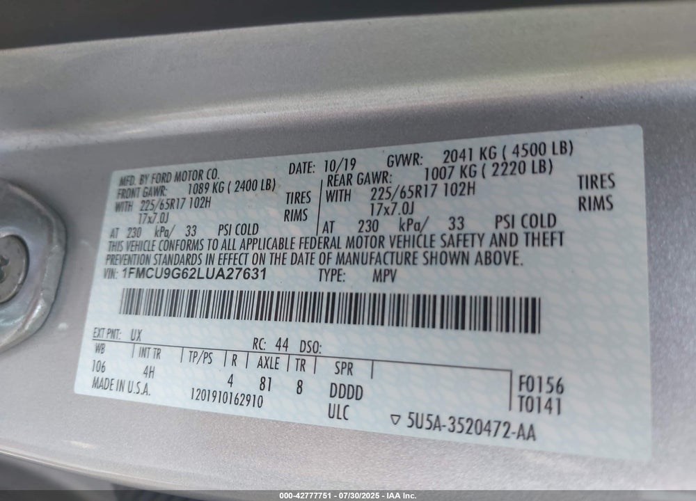 2020 FORD ESCAPE SE VIN: 1FMCU9G62LUA27631