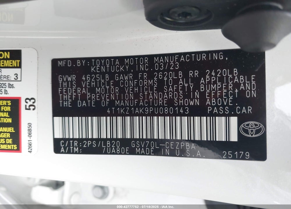 2023 TOYOTA CAMRY XSE V6 VIN: 4T1KZ1AK9PU080143