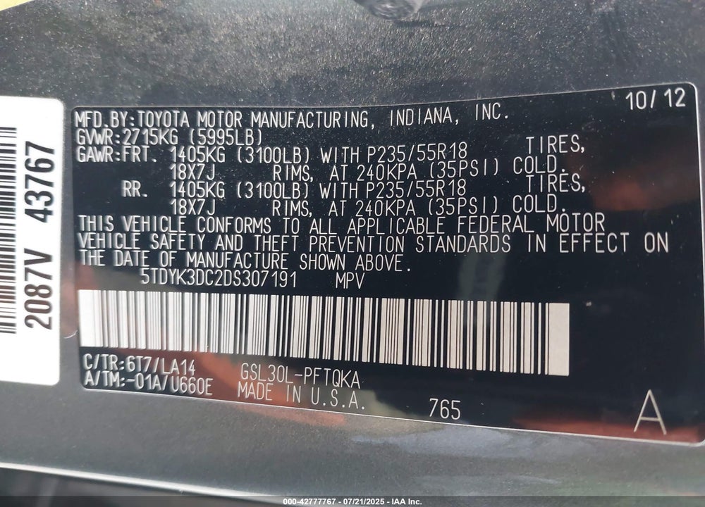 2013 TOYOTA SIENNA LIMITED V6 7 PASSENGER VIN: 5TDYK3DC2DS307191