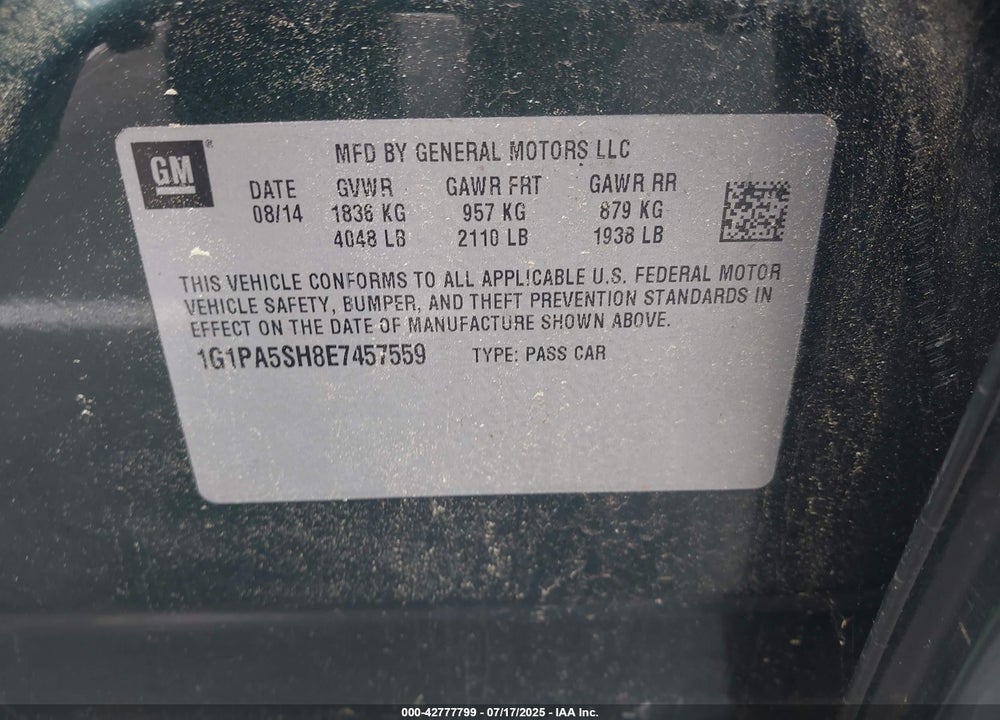 2014 CHEVROLET CRUZE VIN: 1G1PA5SH8E7457559
