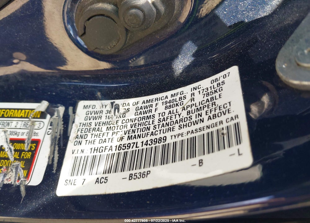 2007 HONDA CIVIC LX VIN: 1HGFA16597L143989