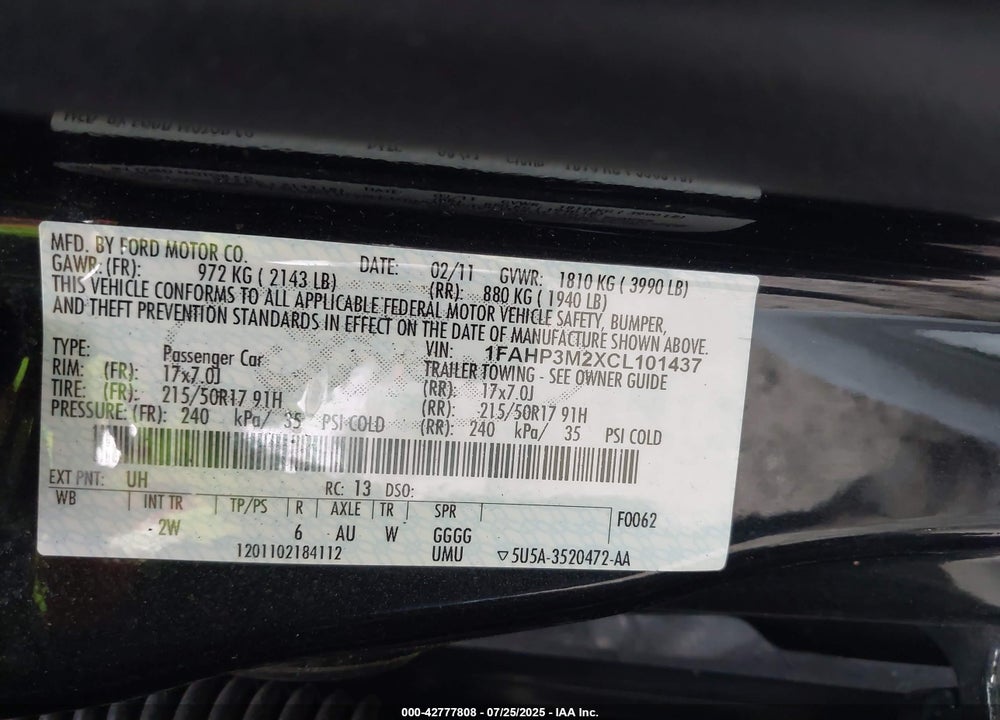 2012 FORD FOCUS VIN: 1FAHP3M2XCL101437