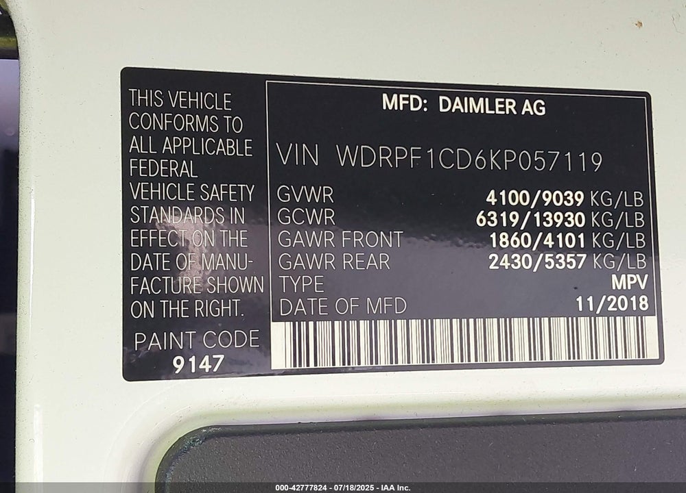 2019 FREIGHTLINER SPRINTER 2500 VIN: WDRPF1CD6KP057119