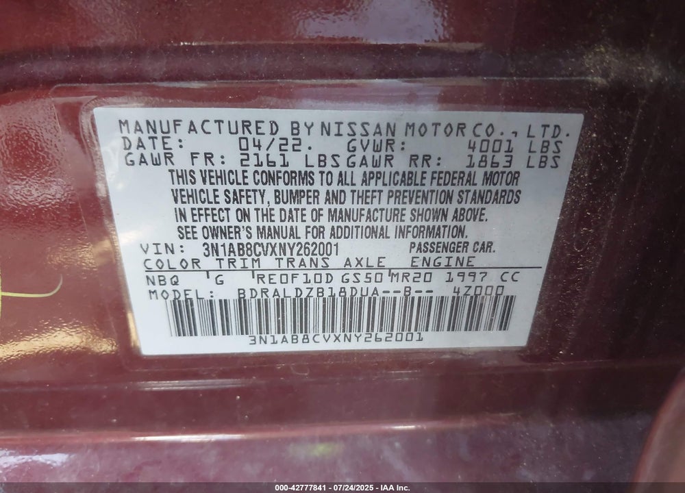 2022 NISSAN SENTRA VIN: 3N1AB8CVXNY262001