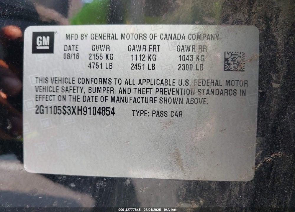 2017 CHEVROLET IMPALA VIN: 2G1105S3XH9104854