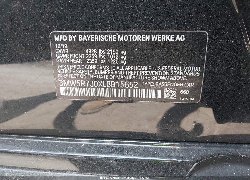 2020 BMW 3 SERIES VIN: 3MW5R7J0XL8B15652