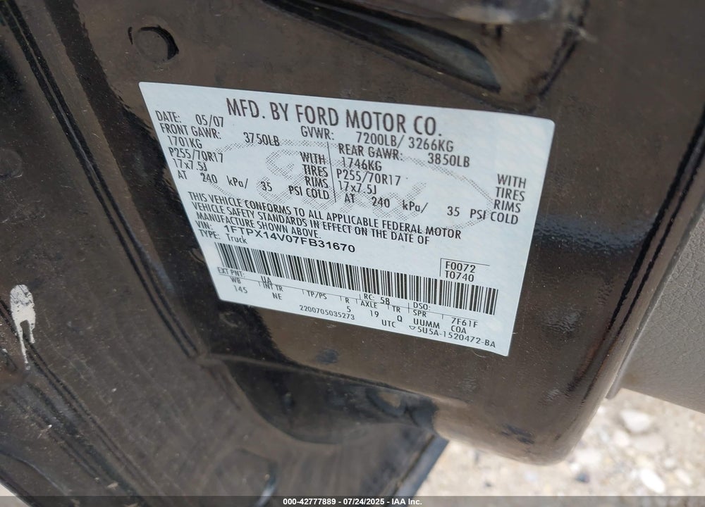 2007 FORD F-150 VIN: 1FTPX14V07FB31670