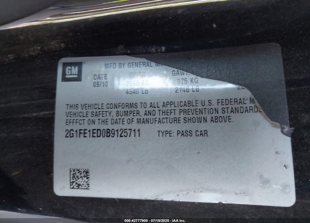 2011 CHEVROLET CAMARO 1LS VIN: 2G1FE1ED0B9125711