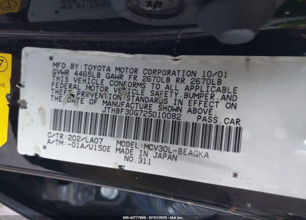 2002 LEXUS ES 300 VIN: JTHBF30G725010082