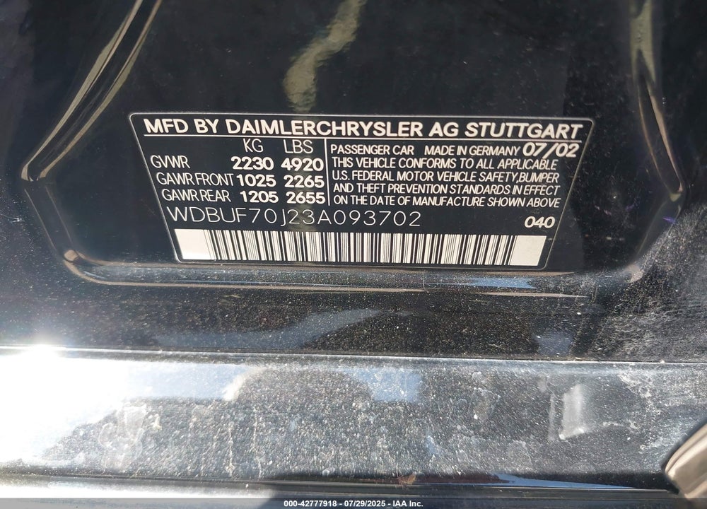 2003 MERCEDES-BENZ E 500 VIN: WDBUF70J23A093702