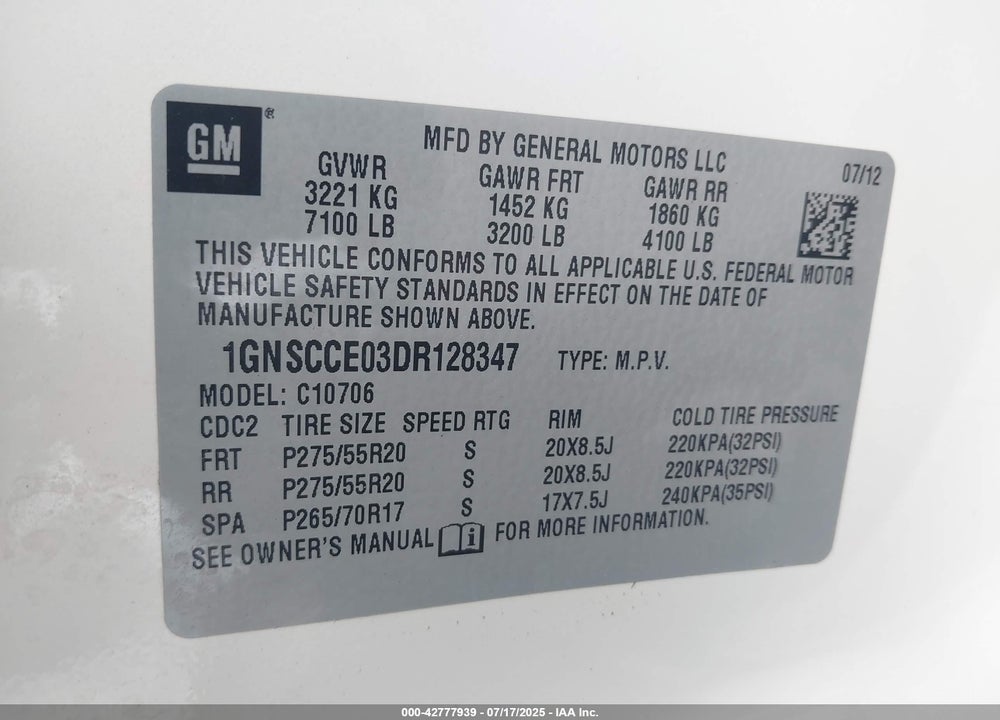 2013 CHEVROLET TAHOE LTZ VIN: 1GNSCCE03DR128347