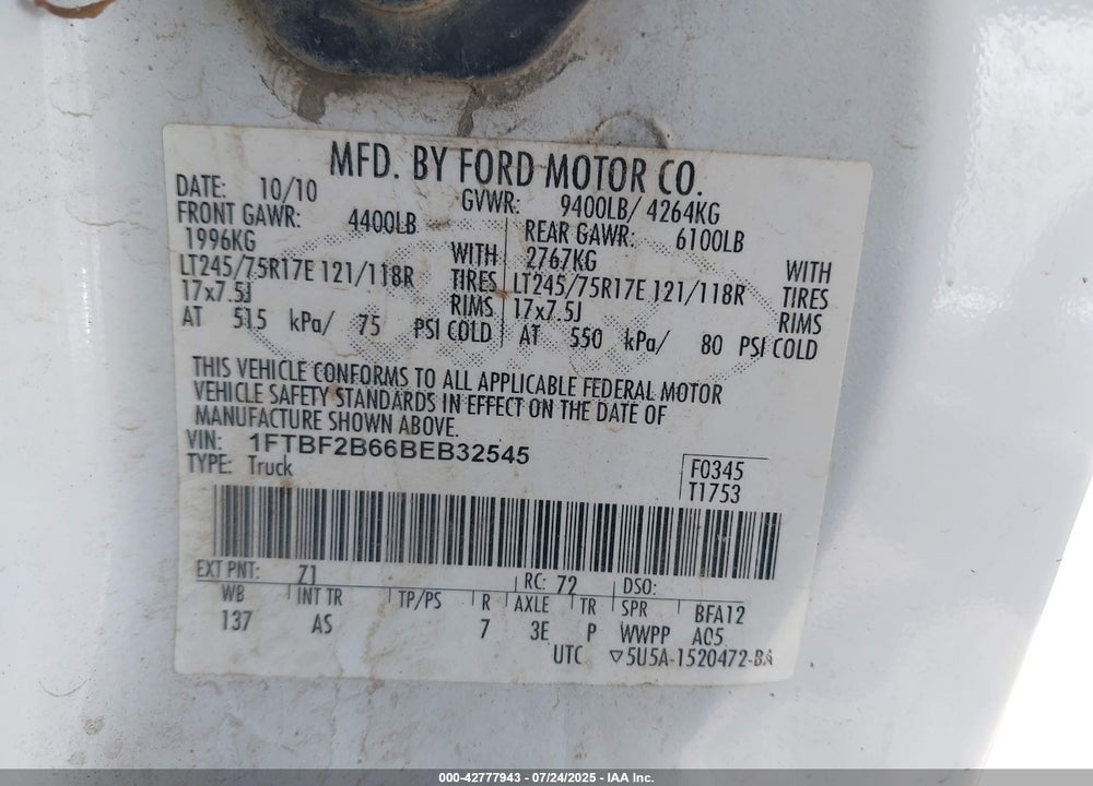 2011 FORD F-250 VIN: 1FTBF2B66BEB32545