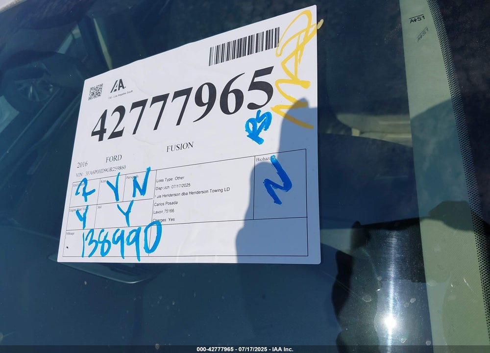 2016 FORD FUSION SE VIN: 3FA6P0HD9GR259860