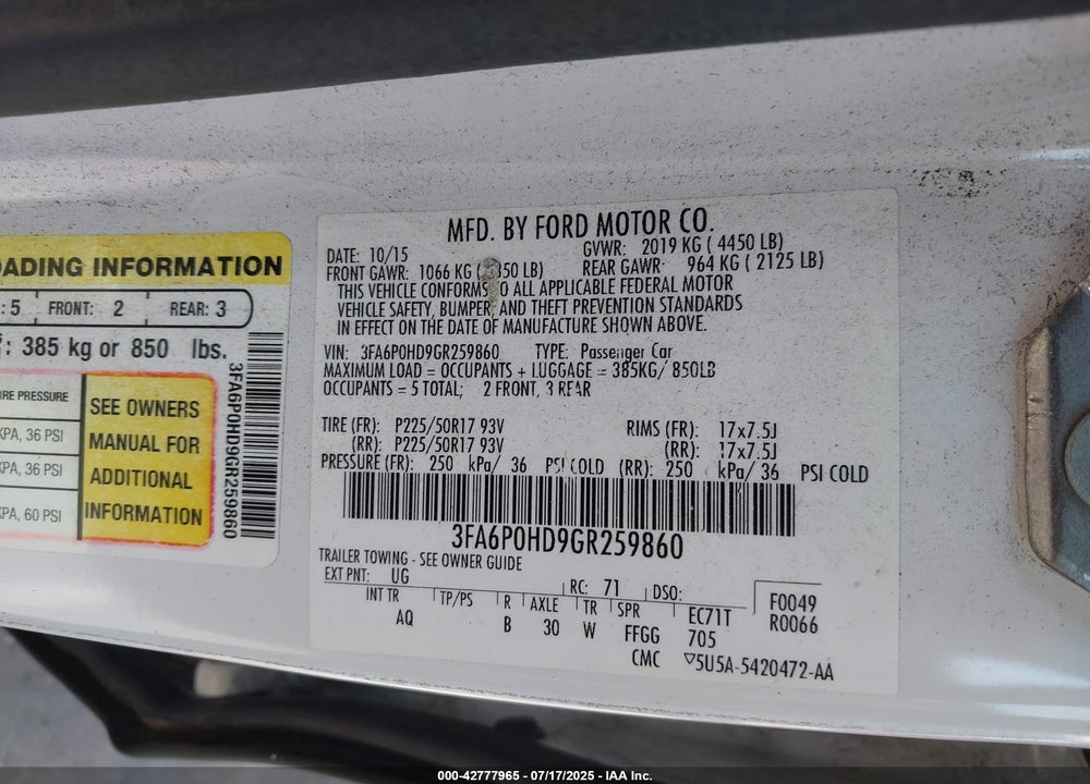 2016 FORD FUSION SE VIN: 3FA6P0HD9GR259860
