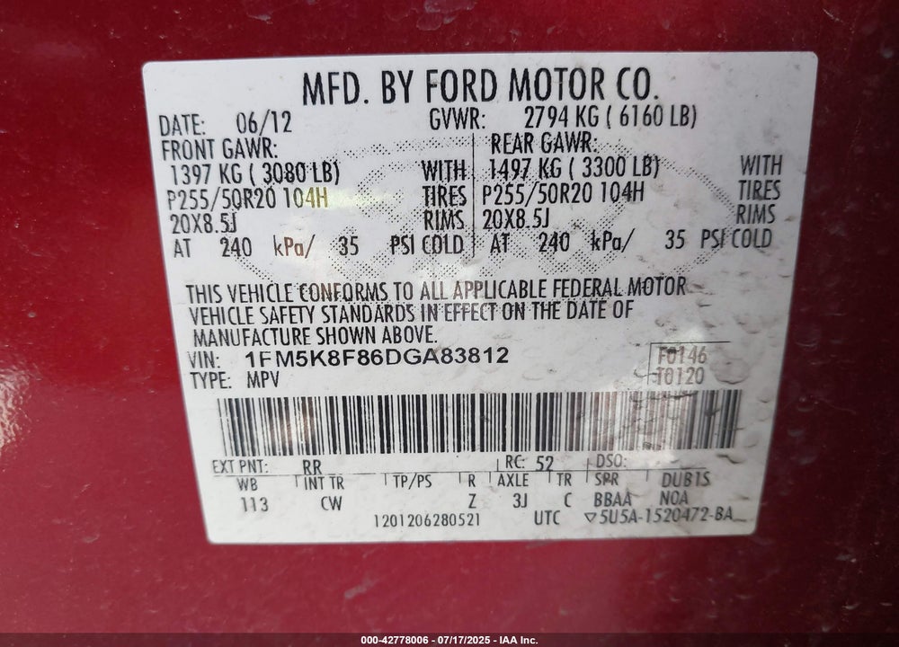 2013 FORD EXPLORER LIMITED VIN: 1FM5K8F86DGA83812
