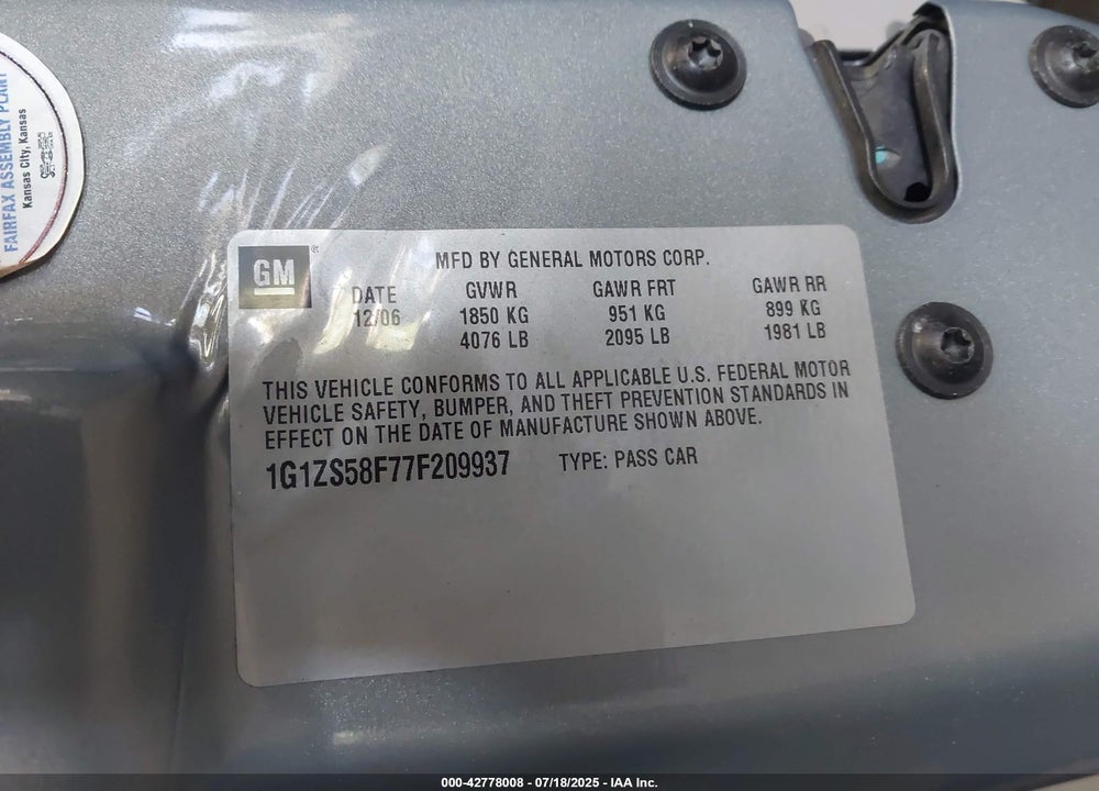 2007 CHEVROLET MALIBU VIN: 1G1ZS58F77F209937