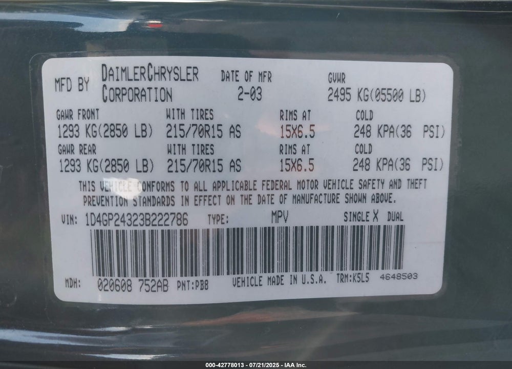 2003 DODGE GRAND CARAVAN VIN: 1D4GP24323B222786