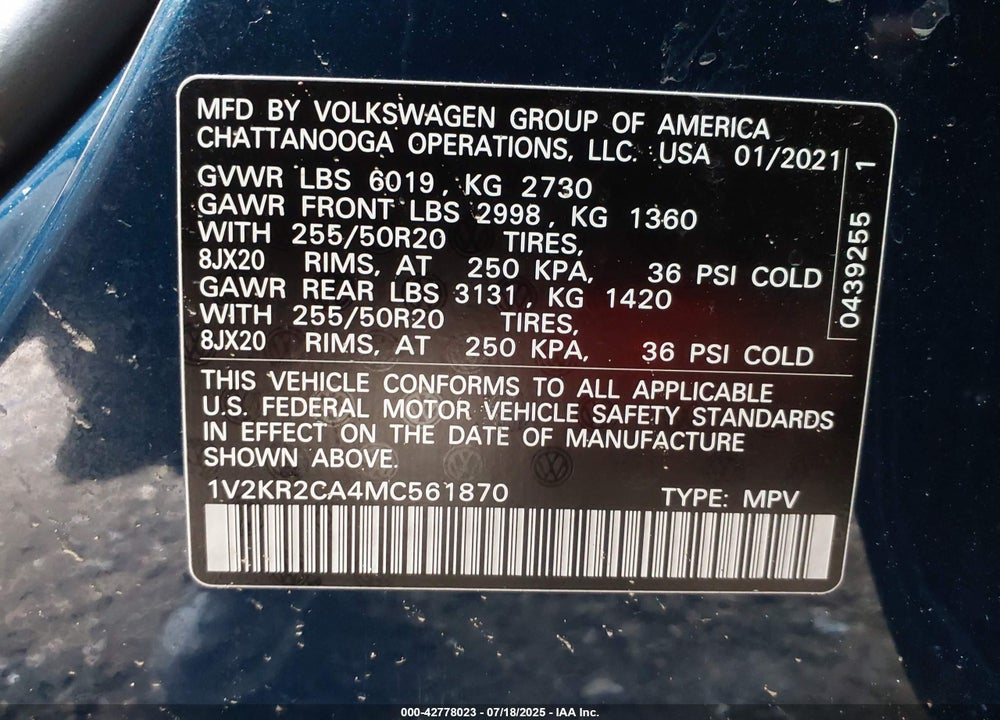 2021 VOLKSWAGEN ATLAS 3.6L V6 SE W/TECHNOLOGY VIN: 1V2KR2CA4MC561870