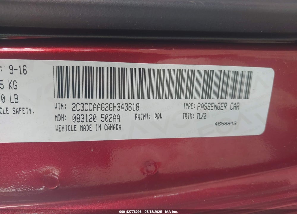 2016 CHRYSLER 300 VIN: 2C3CCAAG2GH343618