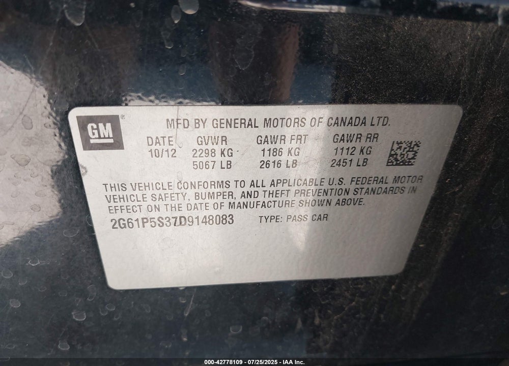 2013 CADILLAC XTS VIN: 2G61P5S37D9148083