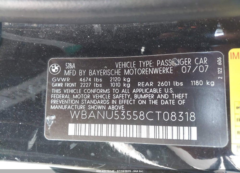2008 BMW 5 SERIES VIN: WBANU53558CT08318