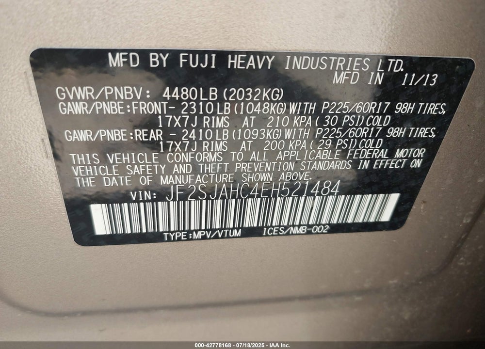 2014 SUBARU FORESTER VIN: JF2SJAHC4EH521484
