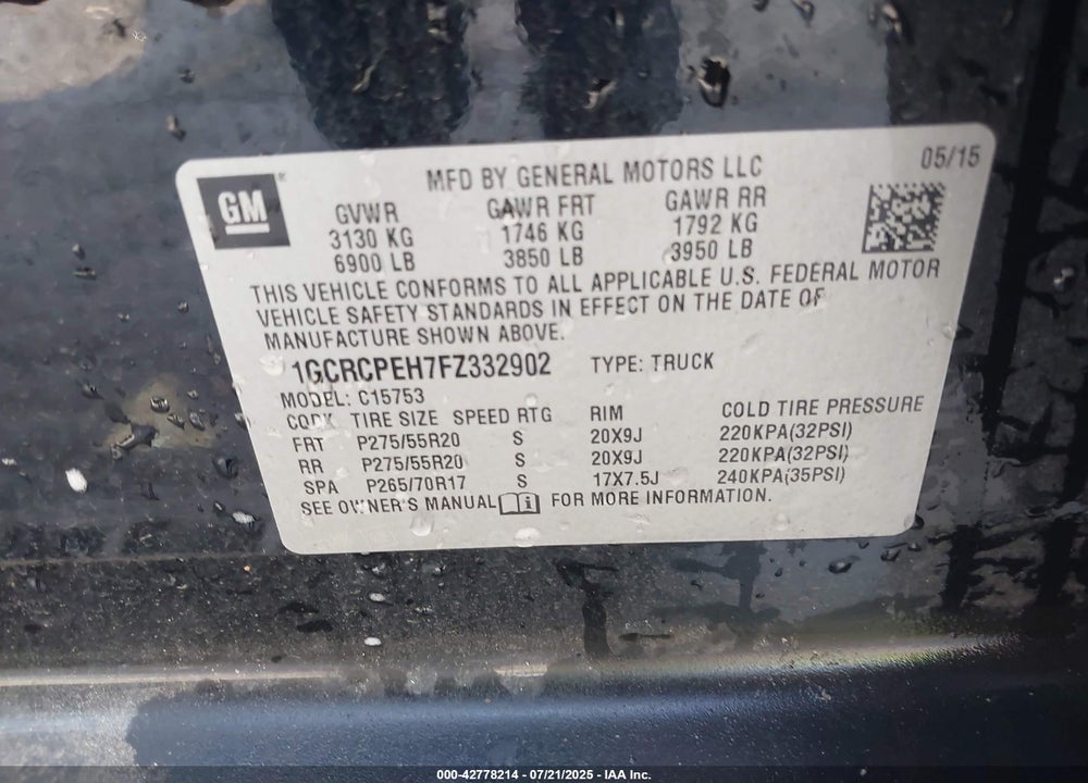 2015 CHEVROLET SILVERADO 1500 WT VIN: 1GCRCPEH7FZ332902