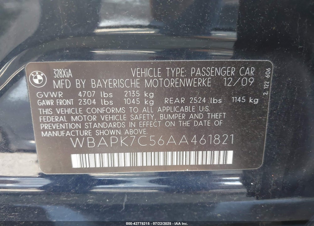 2010 BMW 3 SERIES VIN: WBAPK7C56AA461821