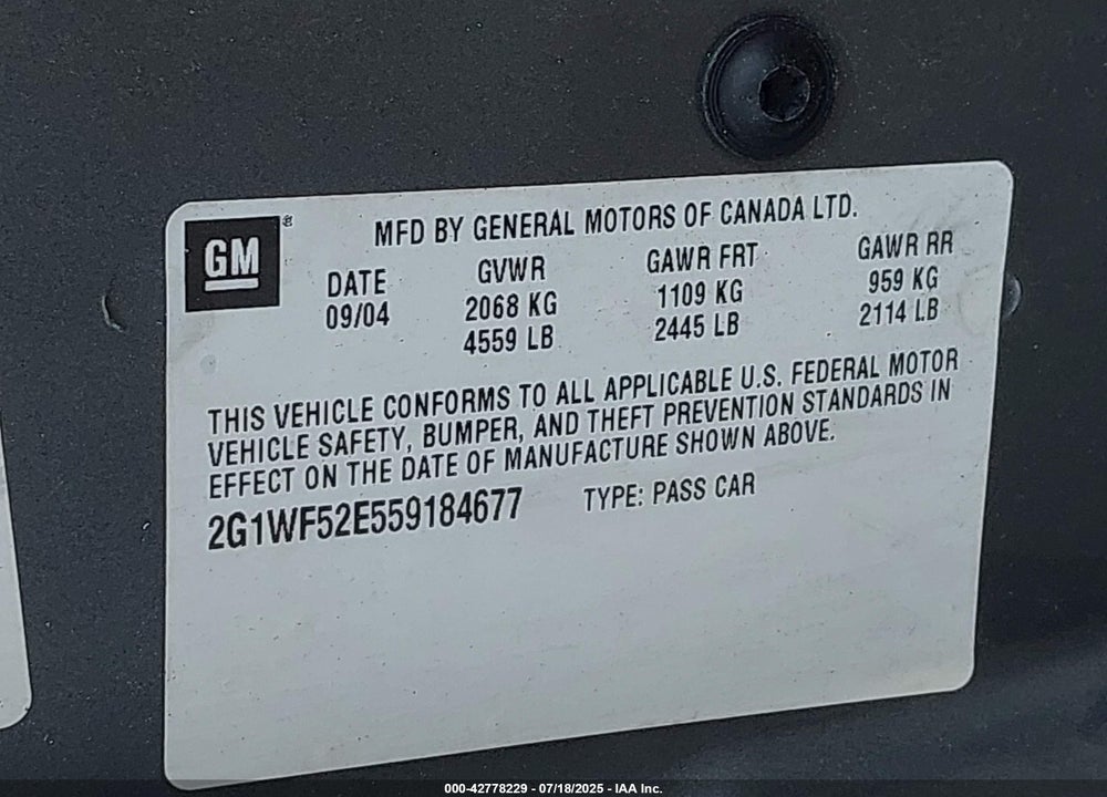 2005 CHEVROLET IMPALA VIN: 2G1WF52E559184677