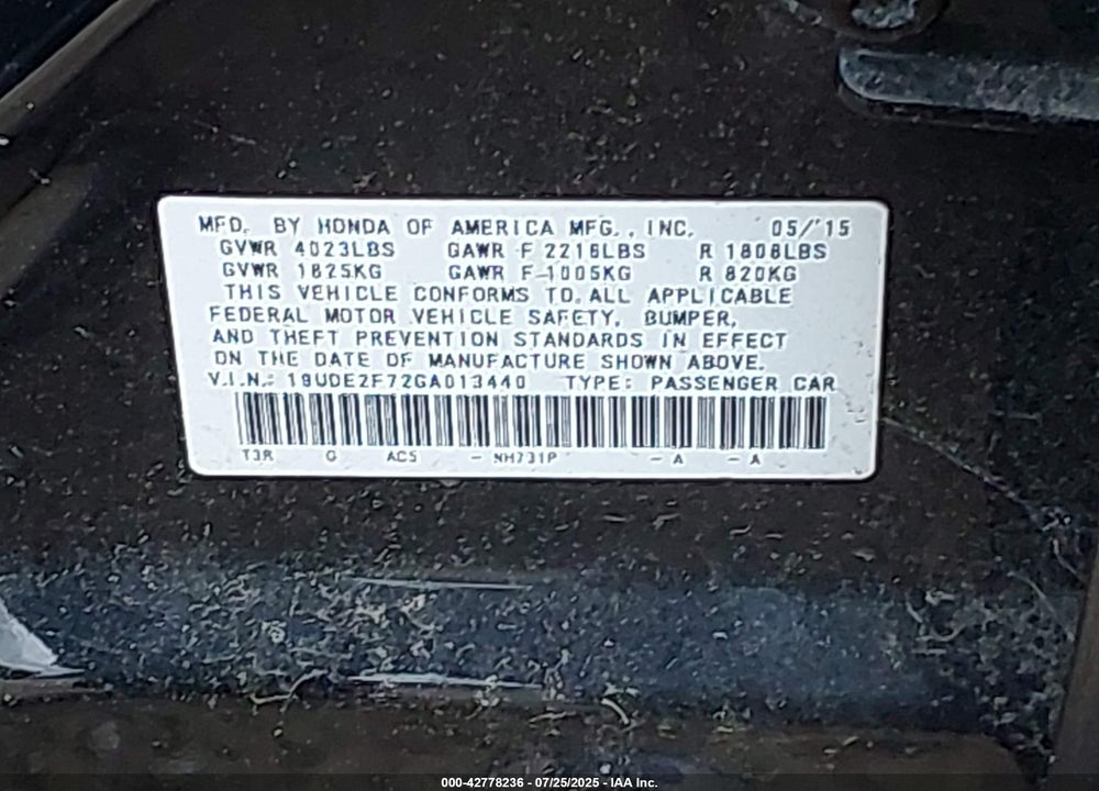 2016 ACURA ILX VIN: 19UDE2F72GA013440