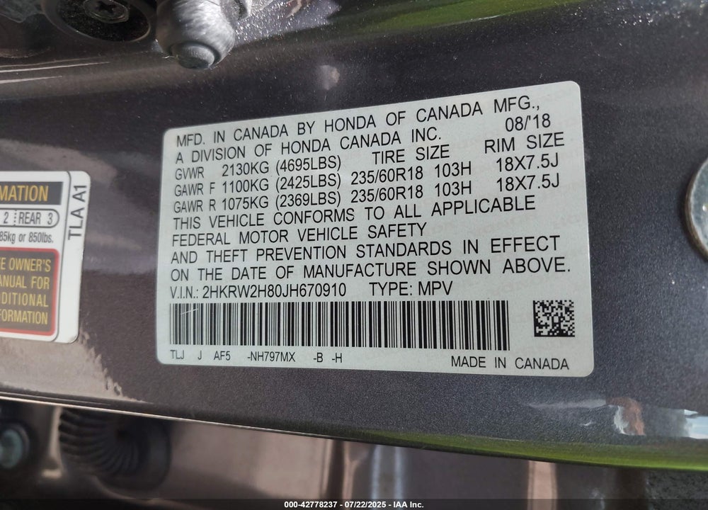 2018 HONDA CR-V VIN: 2HKRW2H80JH670910