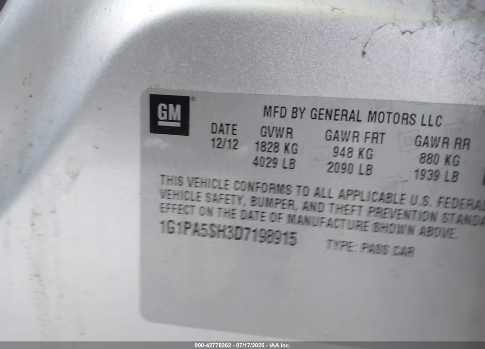 2013 CHEVROLET CRUZE VIN: 1G1PA5SH3D7198915