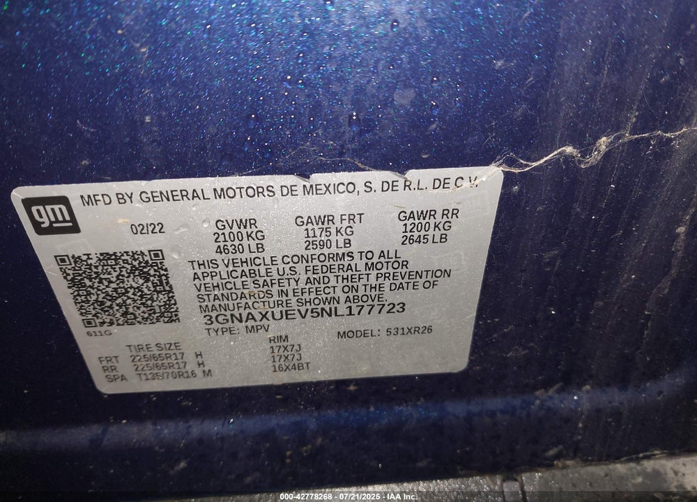 2022 CHEVROLET EQUINOX VIN: 3GNAXUEV5NL177723