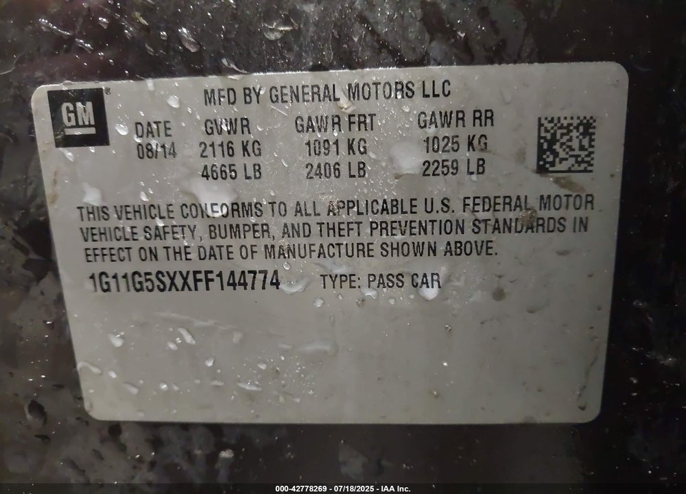 2015 CHEVROLET MALIBU VIN: 1G11G5SXXFF144774