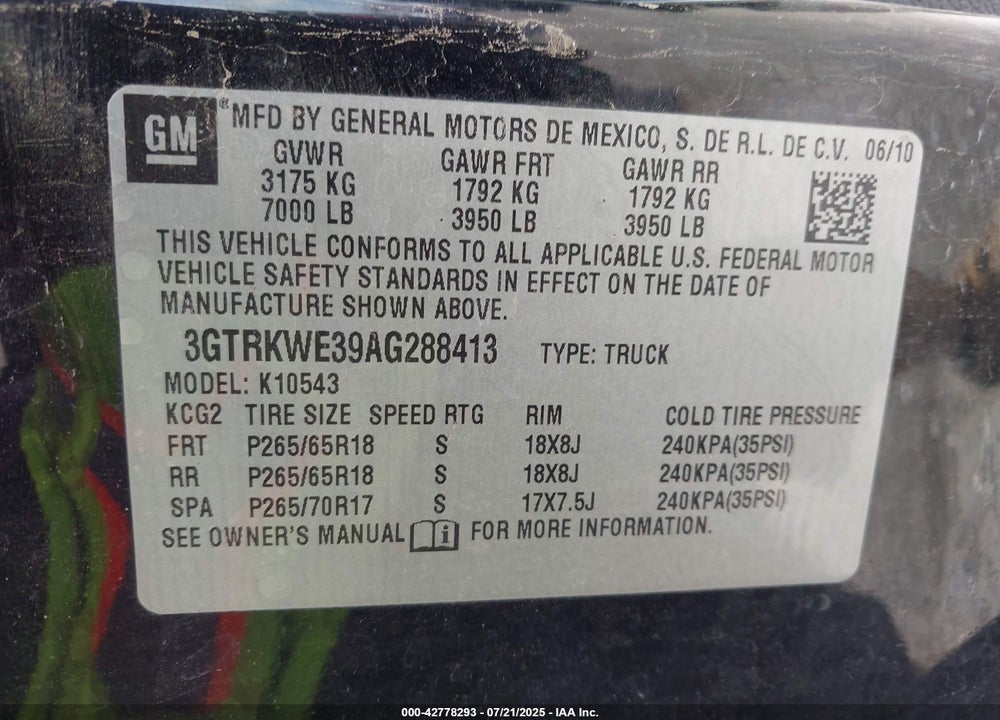 2010 GMC SIERRA 1500 VIN: 3GTRKWE39AG288413
